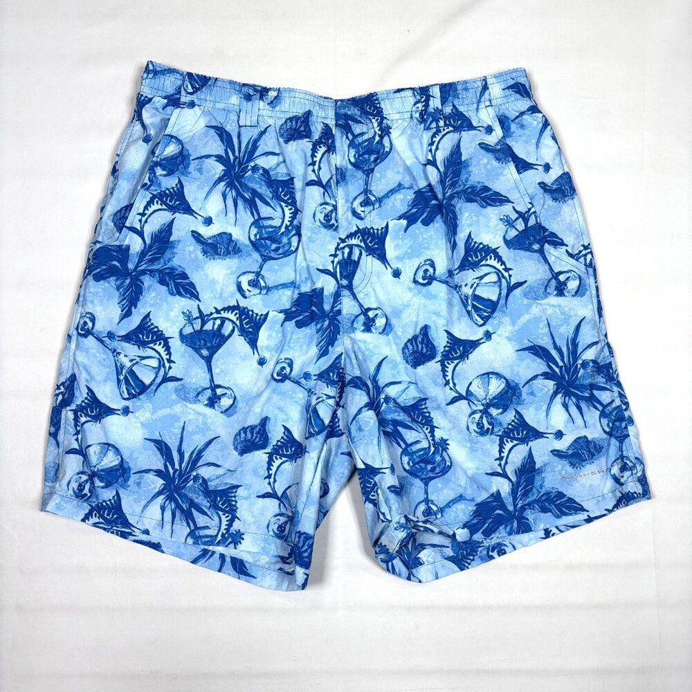 Columbia PFG Blue Fishing Marlin Graphic Mesh Lined Swim Trunks Shorts Mens Med
